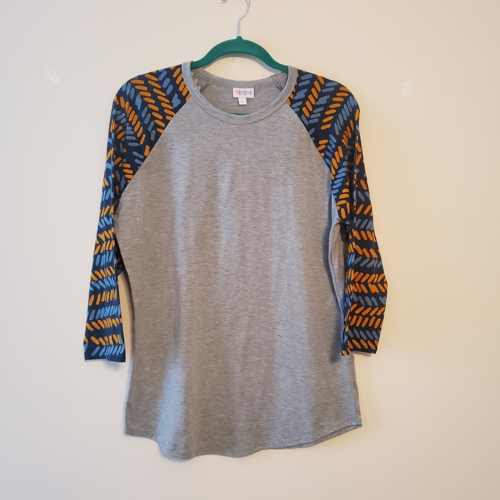 Lularoe Randy Gray Blue Yellow 3/4 Sleeve Top